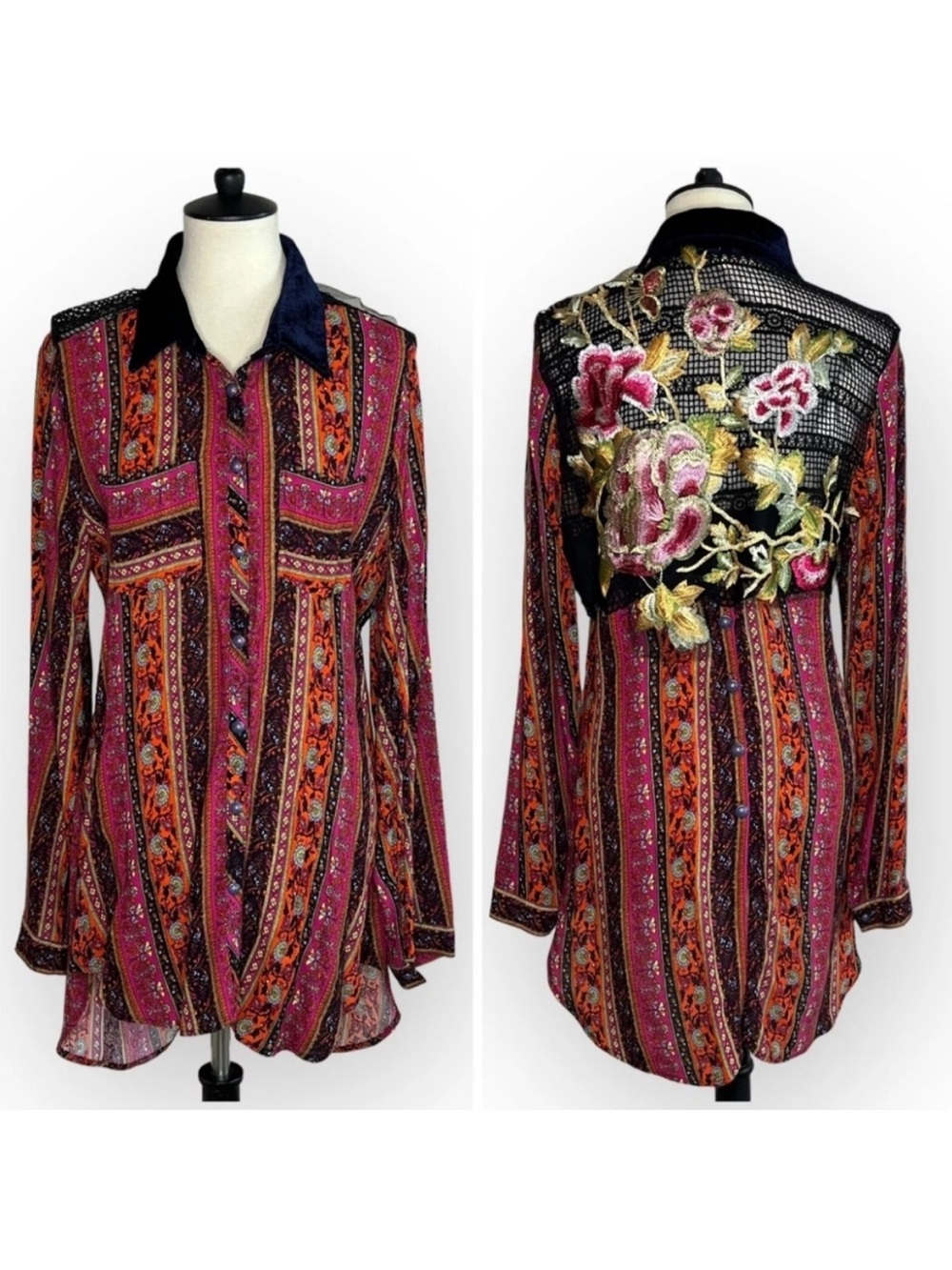 Anthropologie Cyrena Aratta Silent Journey Embroidered Mixed Print Tunic Blouse